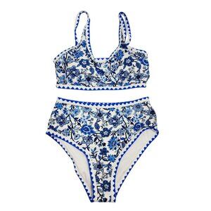 Blue & White Floral High-Waisted Bikini Set Swimsuit Ruffle Top Size S